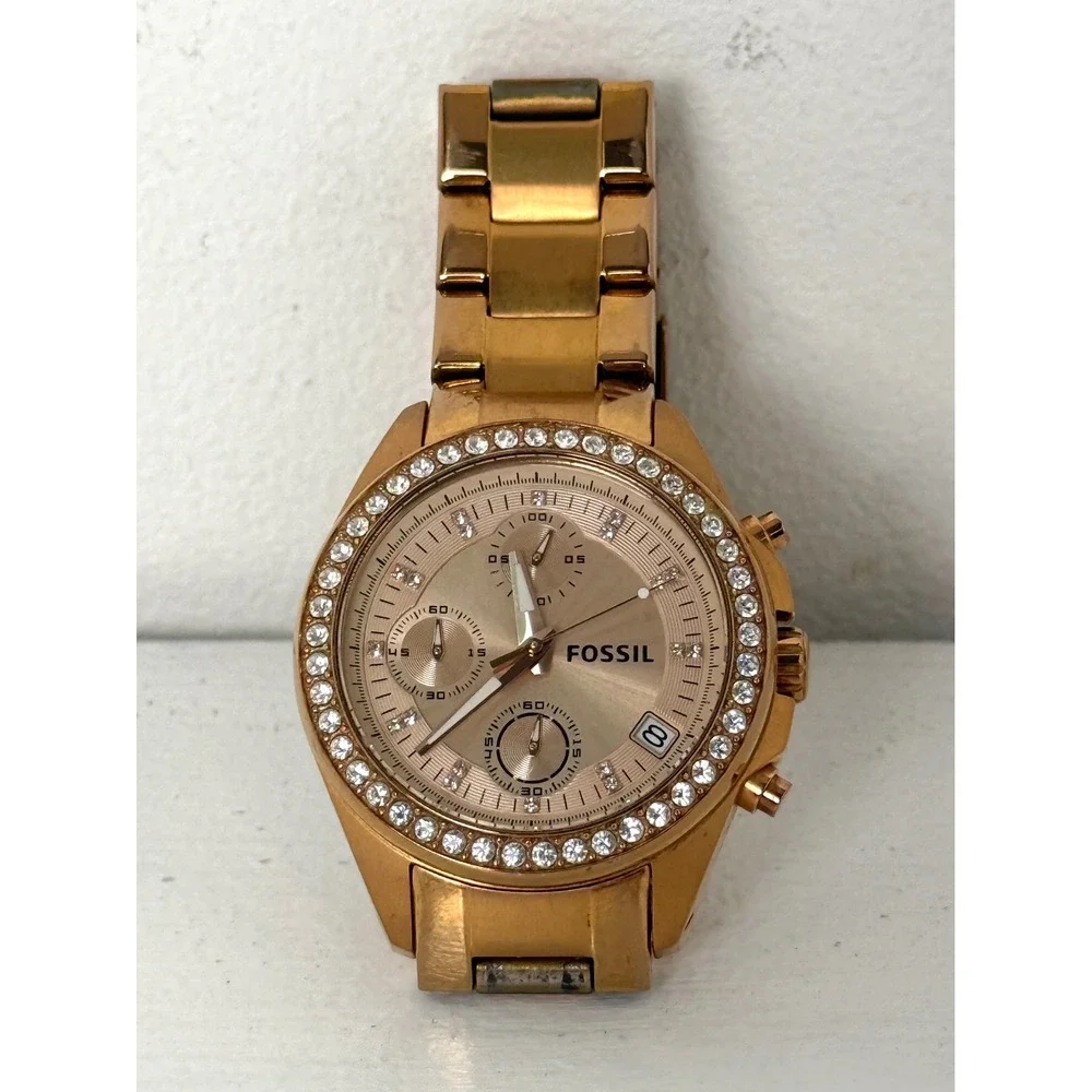 Fossil Rose Gold Tone Stainless Steel Crystal Bezel Chronograph Watch ES3352